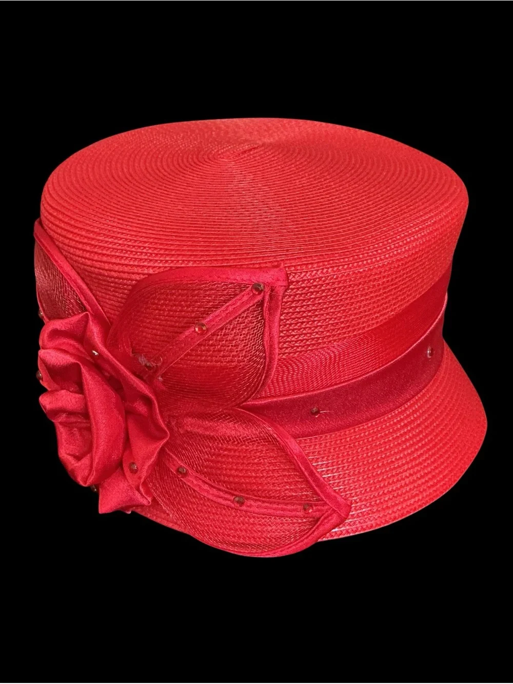 Women's New York Red Straw Hat with Satin Flower, Derby Hat, Sunday Best